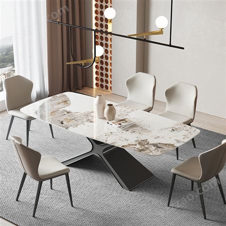 轻奢意式亮光岩板餐桌长方形现代简约家用饭桌-jj118